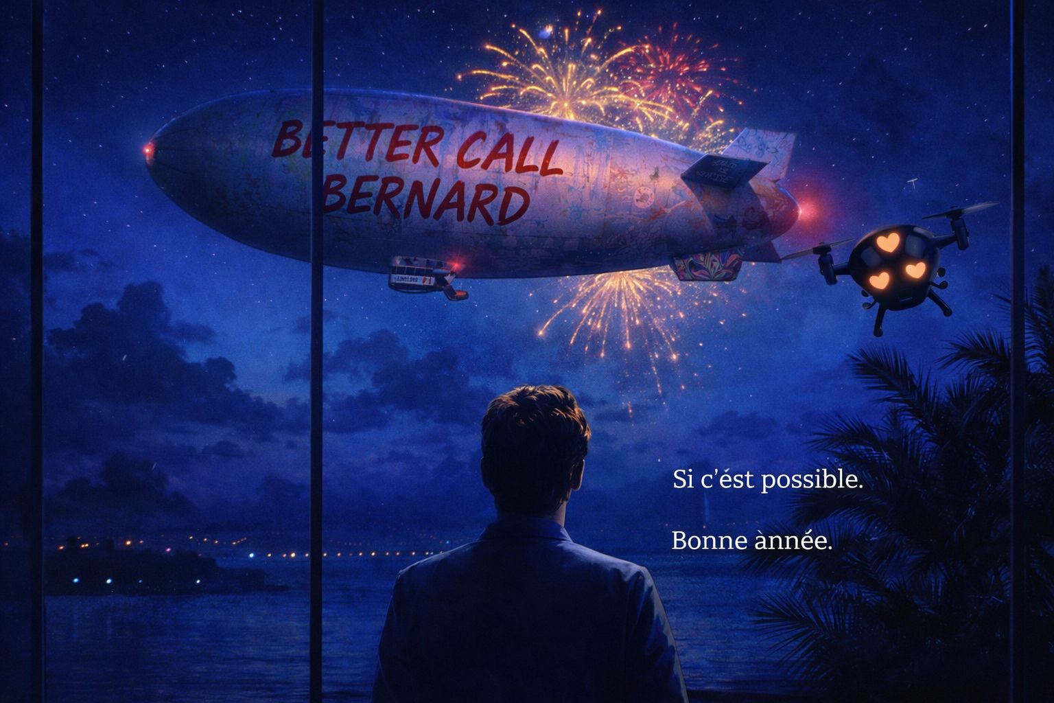 Illustration nocturne cinématographique aux tons bleus. Un homme vu de dos regarde le ciel par une baie vitrée donnant sur la mer. Dans le ciel, un dirigeable rétro portant l’inscription « BETTER CALL BERNARD » traverse des feux d’artifice, escorté par un petit drone lumineux en forme de sphère aux yeux en cœur. L’image est un mash-up explicite entre l’univers de Better Call Saul et la scène emblématique du dirigeable dans Scarface. En bas à droite, le texte : « Si c’est possible. Bonne année. »